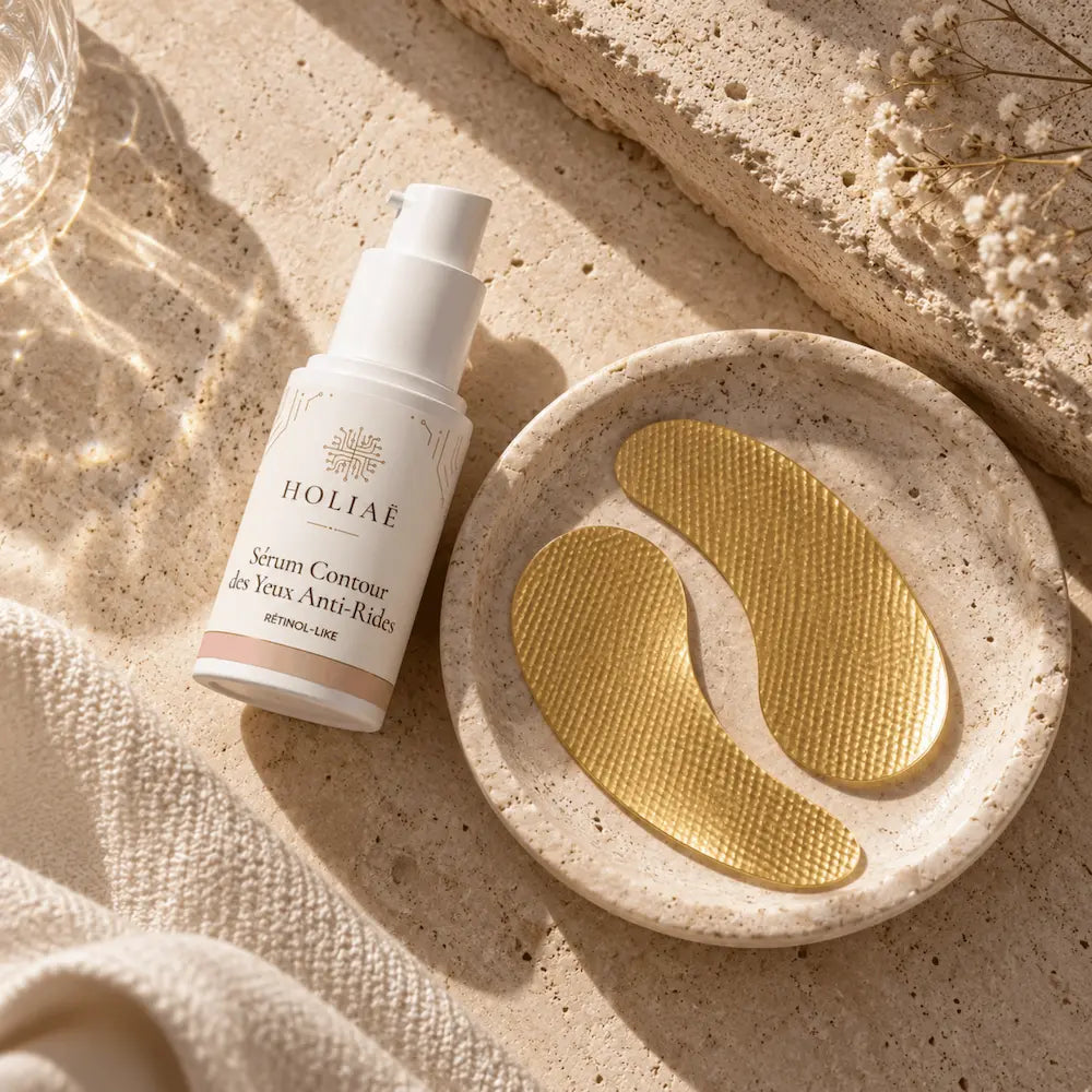 Routine Duo Contour des Yeux Anti-Rides HOLIAĒ en mise en scène éditoriale sur travertin