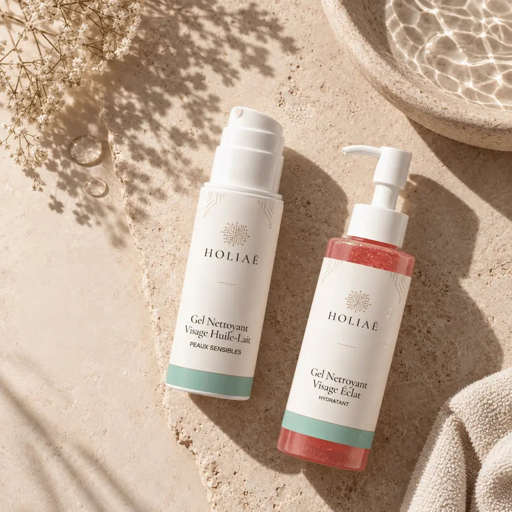 Routine Duo Double Nettoyage Visage HOLIAĒ en mise en scène éditoriale sur travertin