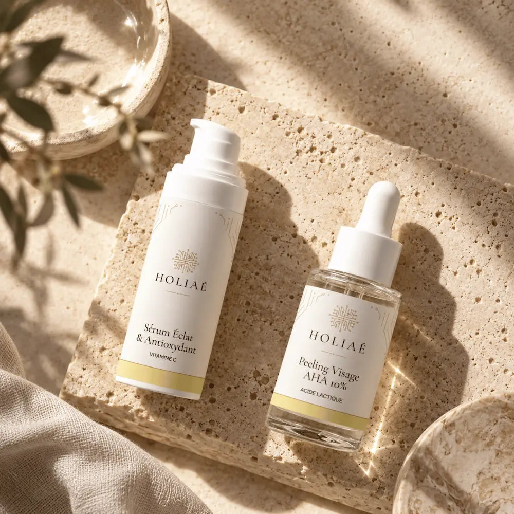 Routine Duo Vitamine C et Éclat HOLIAĒ en mise en scène éditoriale sur travertin