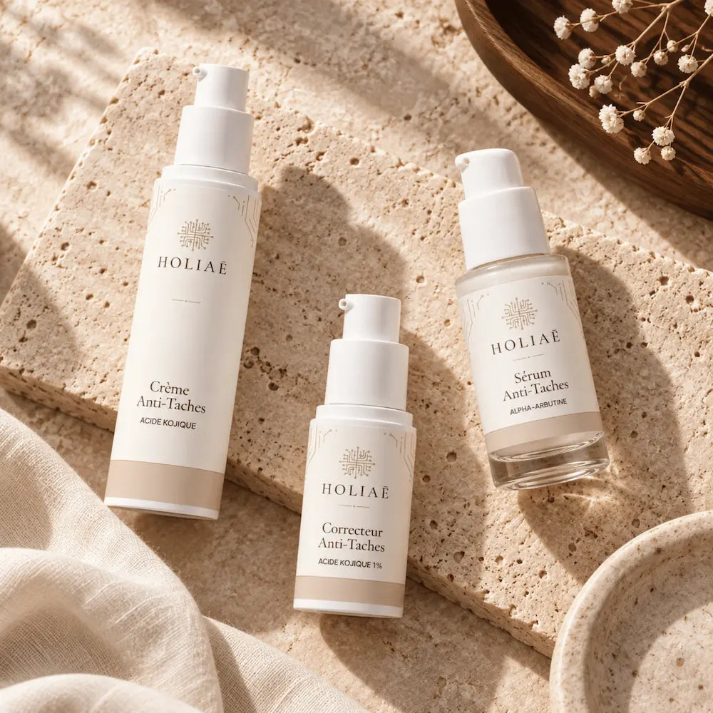 Routine Trio Anti-Taches Intensive HOLIAĒ en mise en scène éditoriale sur travertin