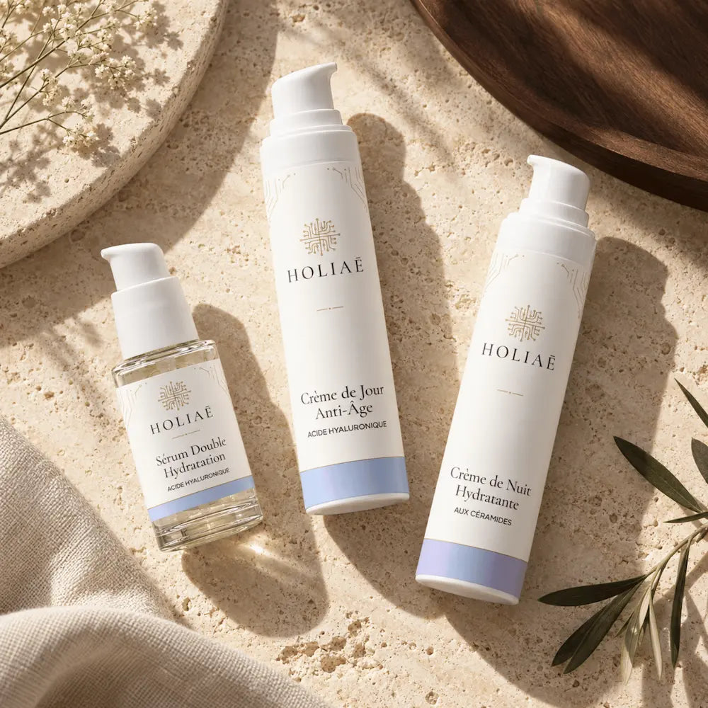 Routine Trio Hydratation Visage HOLIAĒ en mise en scène éditoriale sur travertin