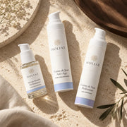 Routine Trio Hydratation Visage HOLIAĒ en mise en scène éditoriale sur travertin