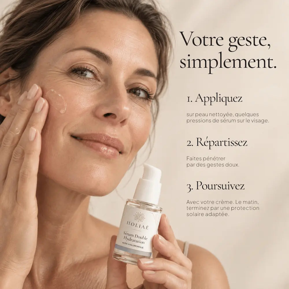 Application du Sérum Acide Hyaluronique Double Hydratation HOLIAĒ sur le visage