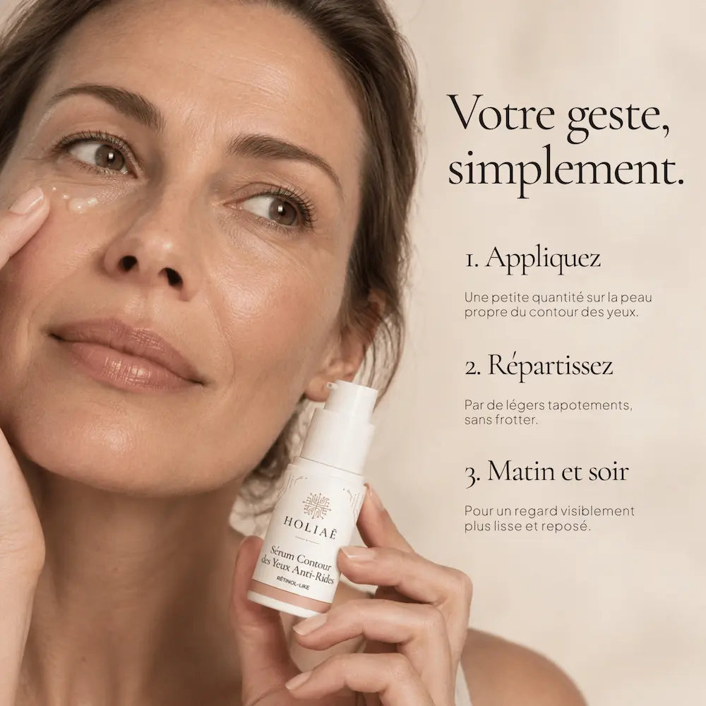 Application par tapotements du Sérum Contour des Yeux Anti-Rides Rétinol-Like HOLIAĒ
