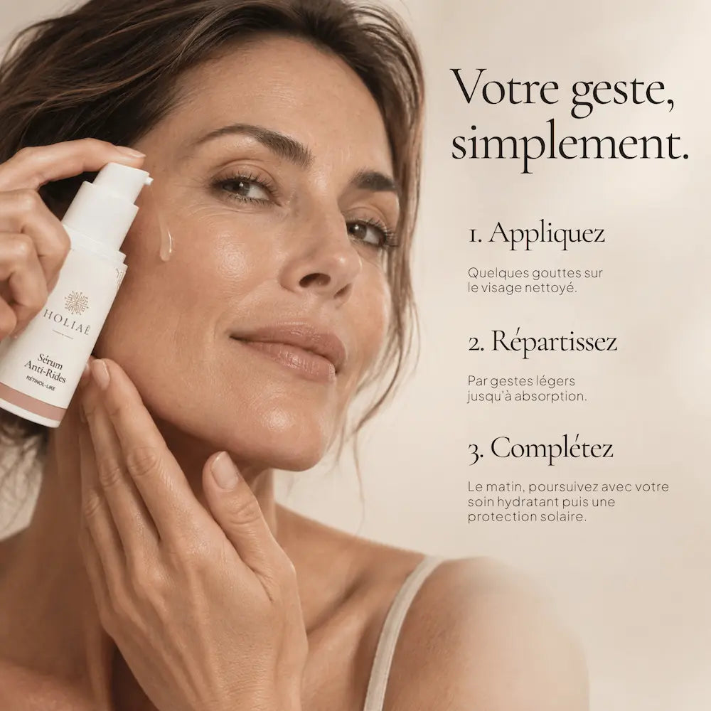 Application du Sérum Lissant Anti-Rides Rétinol-Like HOLIAĒ sur le visage