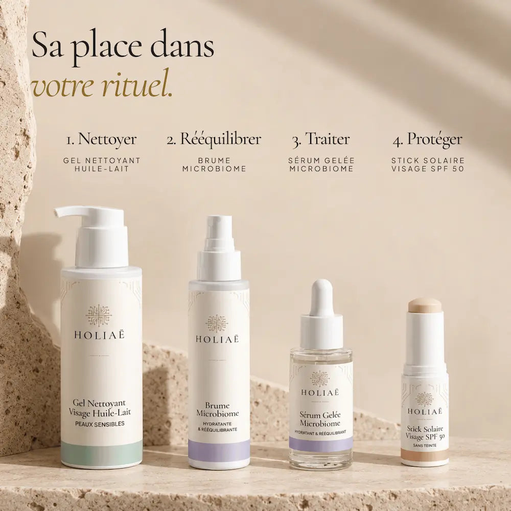 Brume Visage Microbiome HOLIAĒ présentée dans une routine hydratante avant ou après les soins
