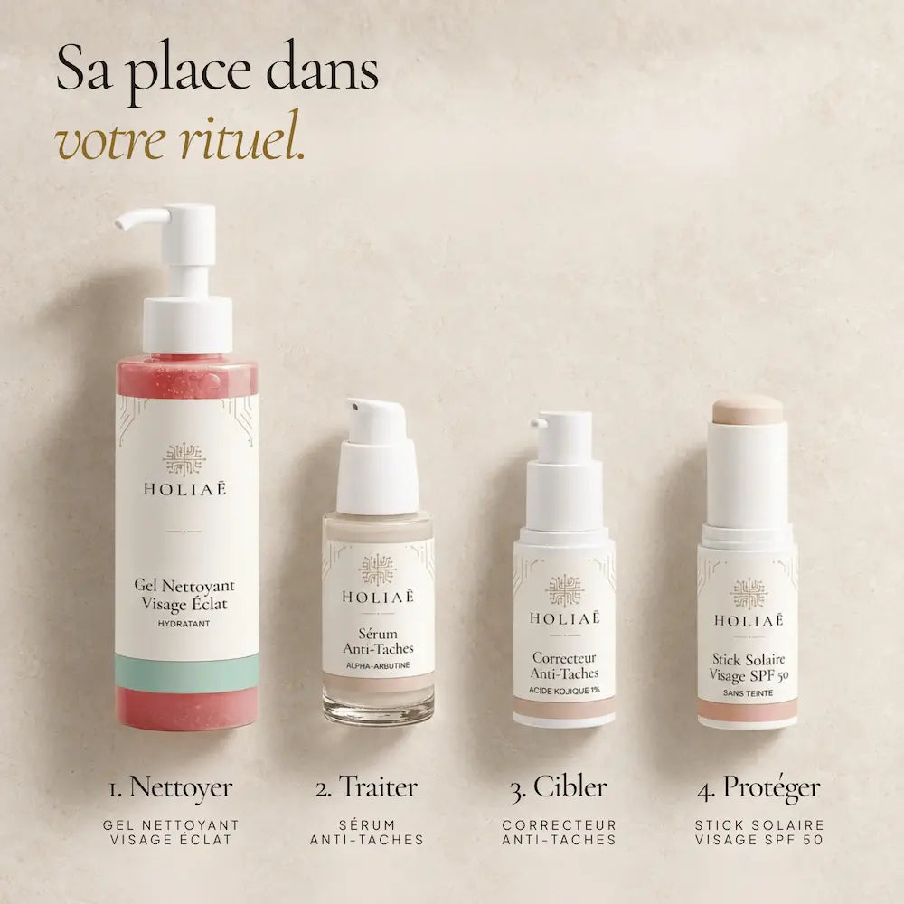 Correcteur Anti-Taches à l’Acide Kojique 1 % HOLIAĒ présenté dans une routine visage anti-taches