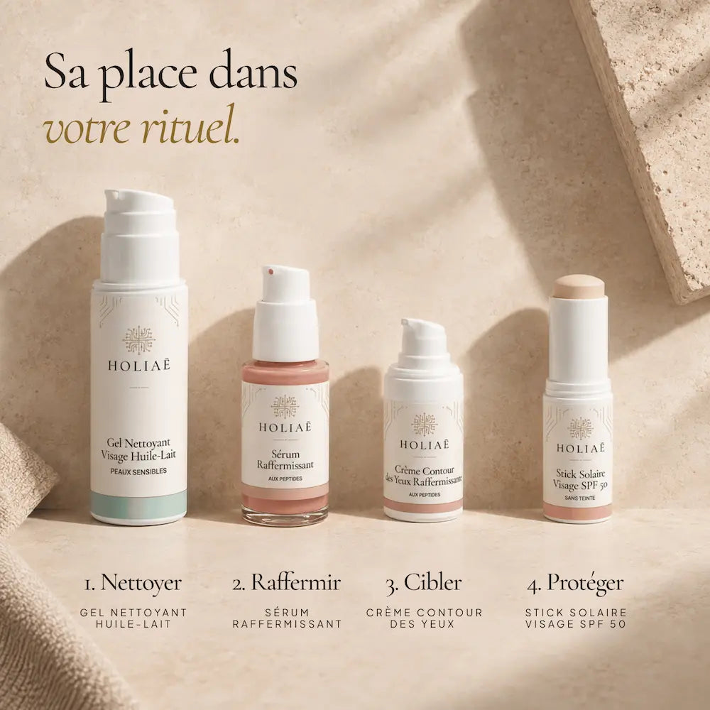 Crème Contour des Yeux Raffermissante aux Peptides HOLIAĒ présentée dans une routine visage anti-âge