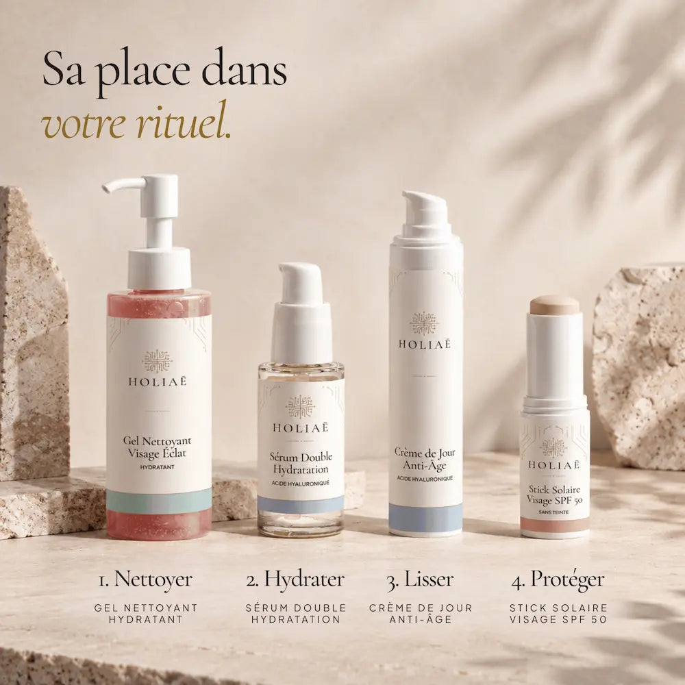 Crème de Jour Anti-Âge à l’Acide Hyaluronique HOLIAĒ présentée dans une routine matin avant le SPF