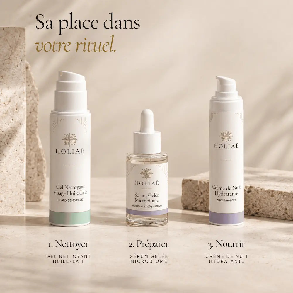 Crème de Nuit Visage aux Céramides HOLIAĒ présentée dans une routine du soir après les soins légers
