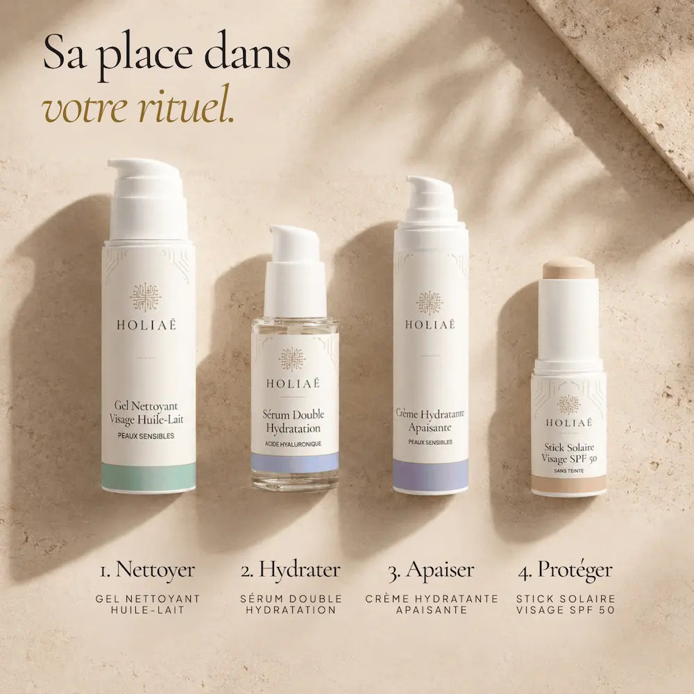 Crème Hydratante Apaisante Peaux Sensibles HOLIAĒ présentée dans une routine visage