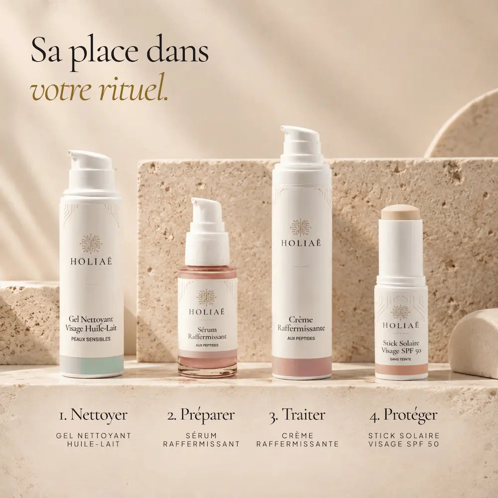 Crème Raffermissante aux Peptides HOLIAĒ présentée dans une routine visage anti-âge