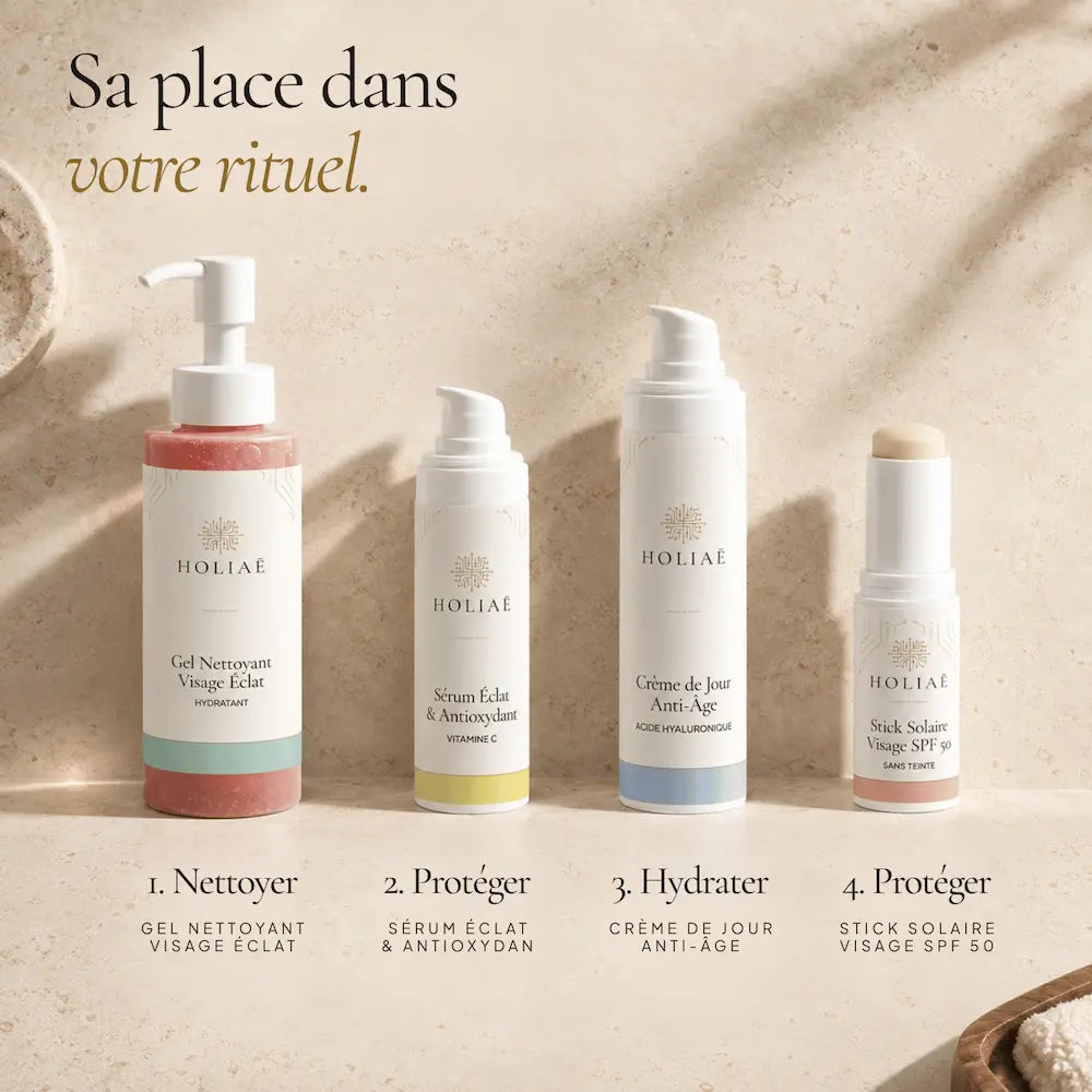 Gel Nettoyant Visage Hydratant & Éclat HOLIAĒ présenté dans une routine de soin du visage