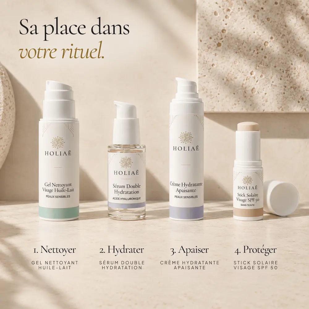 Gel Nettoyant Visage Peaux Sensibles Huile-Lait HOLIAĒ présenté dans une routine de double nettoyage