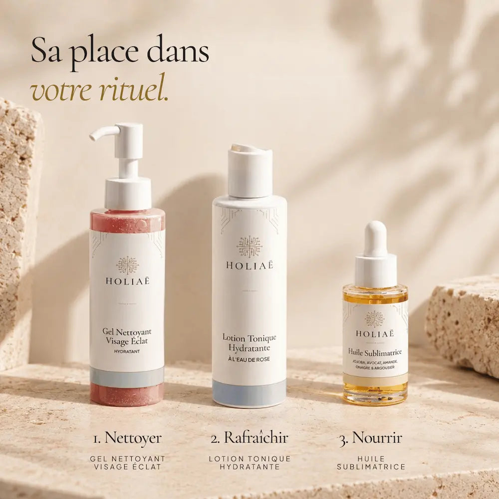 Huile Visage Hydratante & Sublimatrice HOLIAĒ présentée dans une routine de soin nourrissante