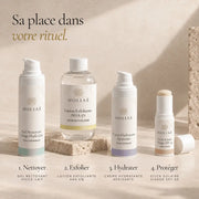 Lotion Exfoliante AHA 5 % HOLIAĒ présentée dans une routine du soir avant les soins hydratants