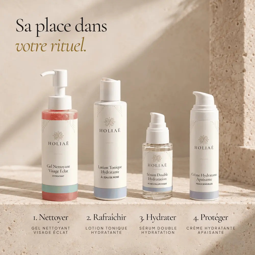 Lotion Tonique Hydratante à l’Eau de Rose HOLIAĒ présentée dans une routine avant le sérum et la crème