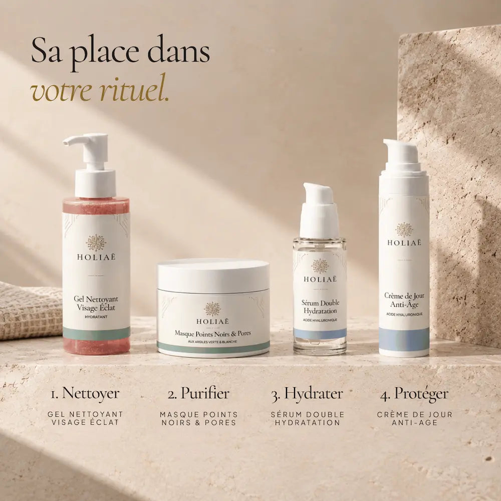 Masque Visage aux Argiles Verte & Blanche HOLIAĒ présenté dans une routine purifiante pour pores et points noirs