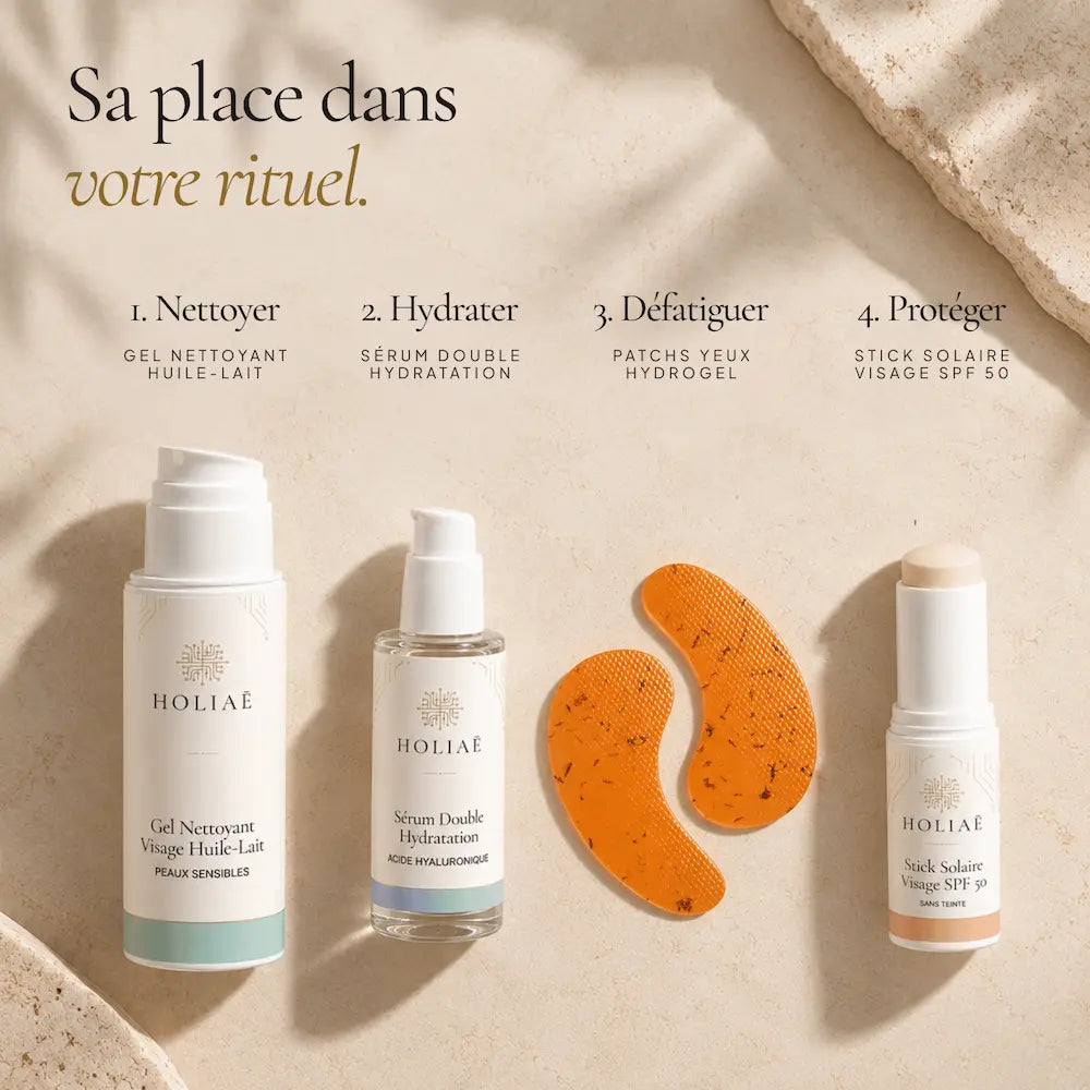 Patchs Yeux Hydrogel Défatigants HOLIAĒ présentés dans une routine contour des yeux