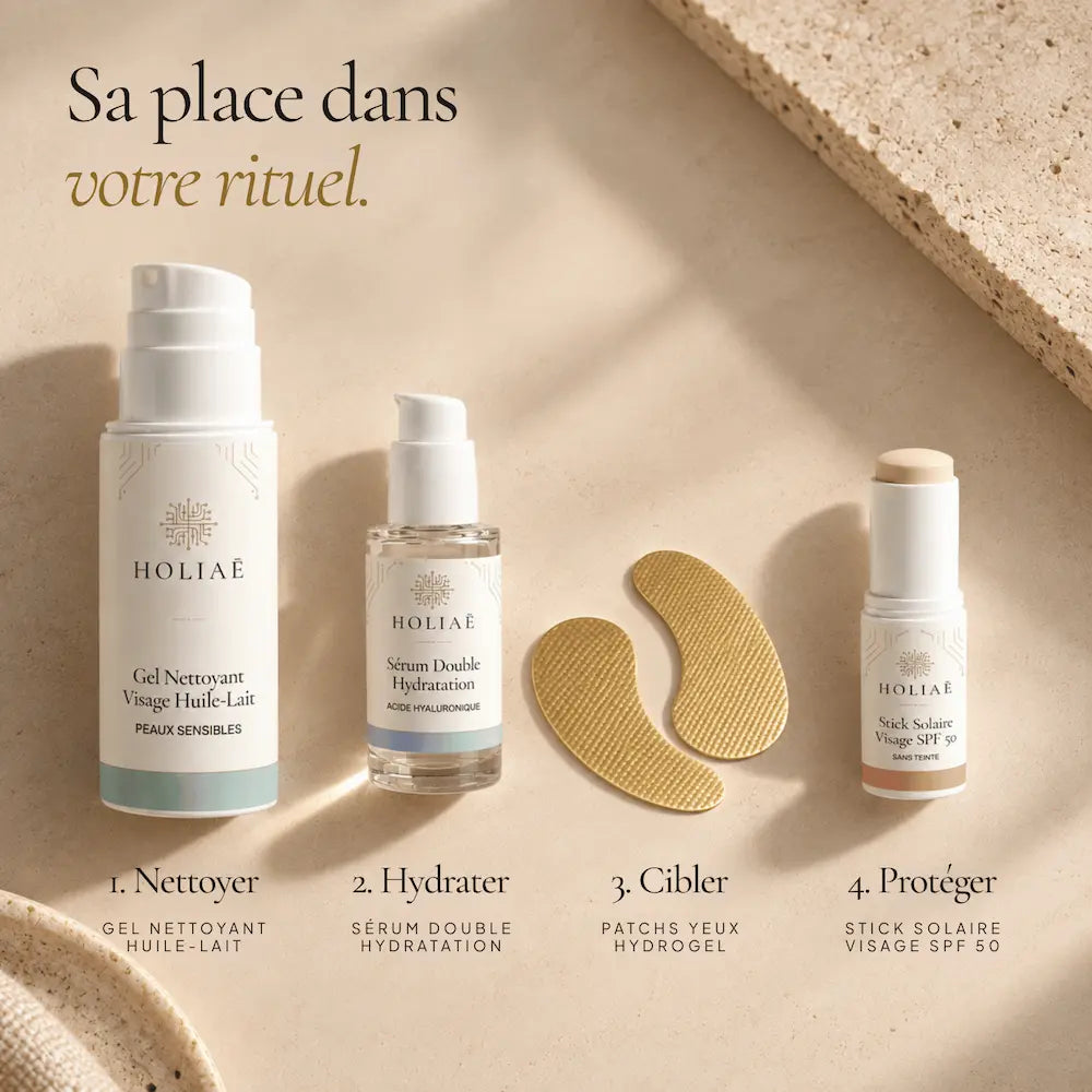 Patchs Yeux Hydrogel Hydratants & Lissants HOLIAĒ présentés dans une routine contour des yeux