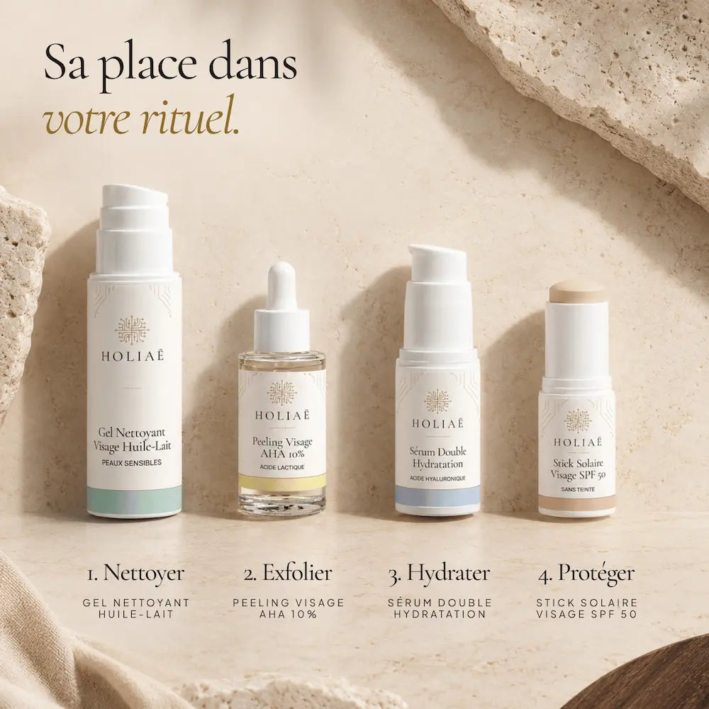 Peeling Visage AHA 10% à l’Acide Lactique HOLIAĒ présenté dans une routine du soir 1 à 2 fois par semaine