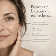 Portrait de femme illustrant pores visibles, points noirs et grain irrégulier ciblés par la routine HOLIAĒ