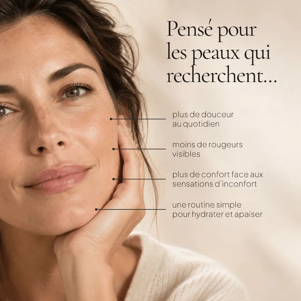Portrait de femme à la peau sensible illustrant confort, hydratation et apparence des rougeurs