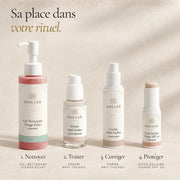 Sérum Anti-Taches à l’Alpha-Arbutine HOLIAĒ présenté dans une routine visage avant la crème hydratante
