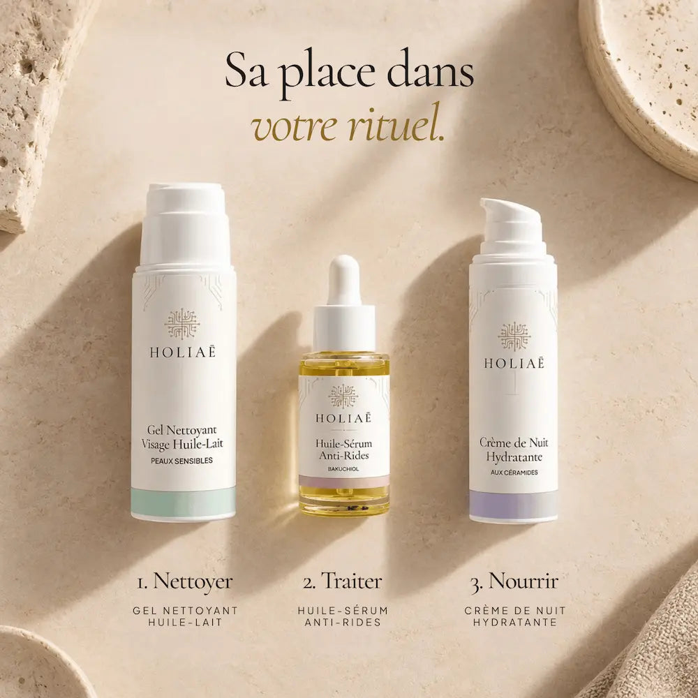 Sérum Bakuchiol Anti-Rides HOLIAĒ présenté dans une routine visage après les textures aqueuses