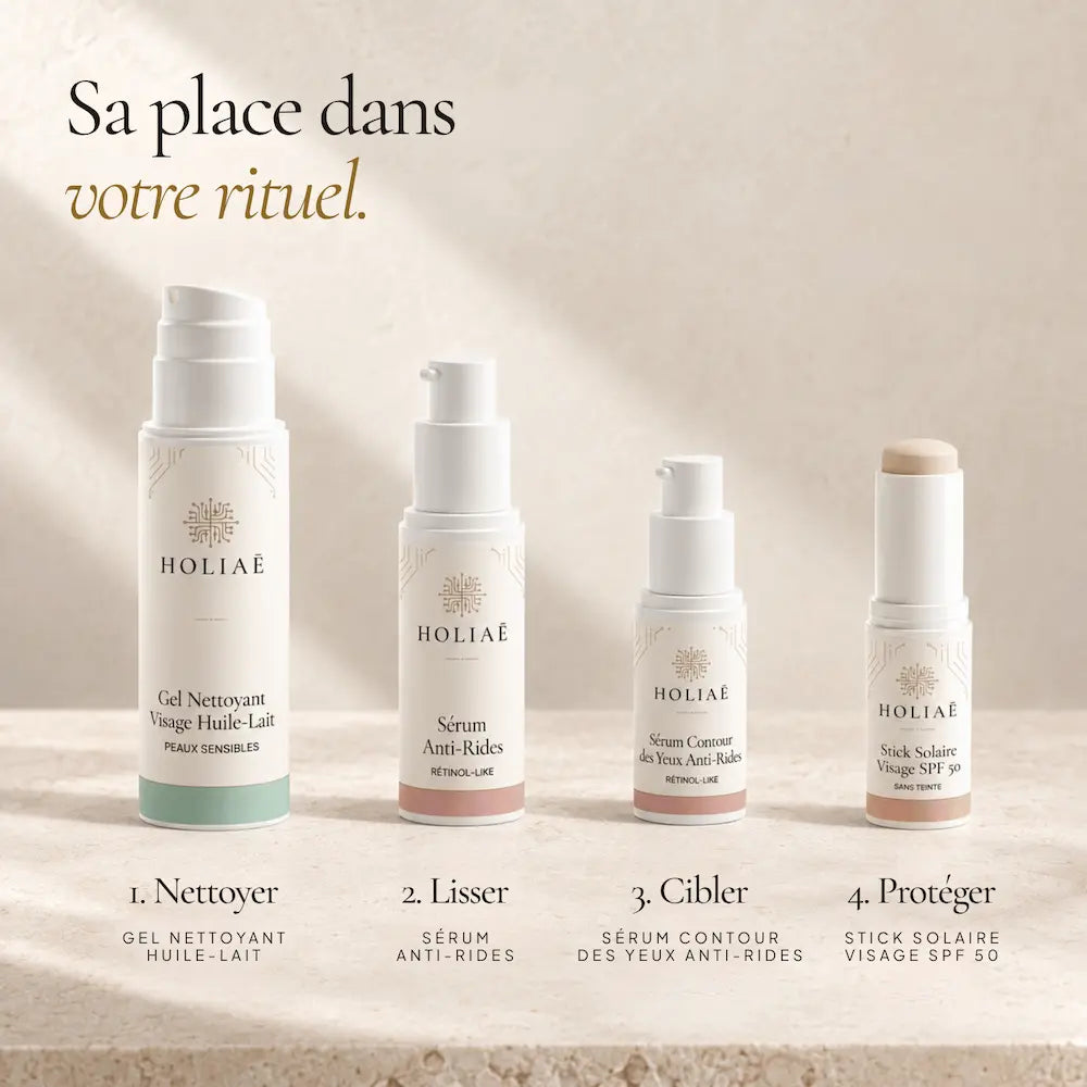 Sérum Contour des Yeux Anti-Rides Rétinol-Like HOLIAĒ présenté dans une routine visage