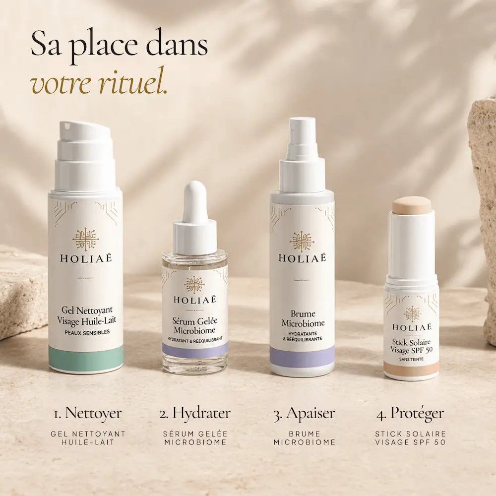 Sérum Microbiome Hydratant & Rééquilibrant HOLIAĒ présenté dans une routine visage avant la crème