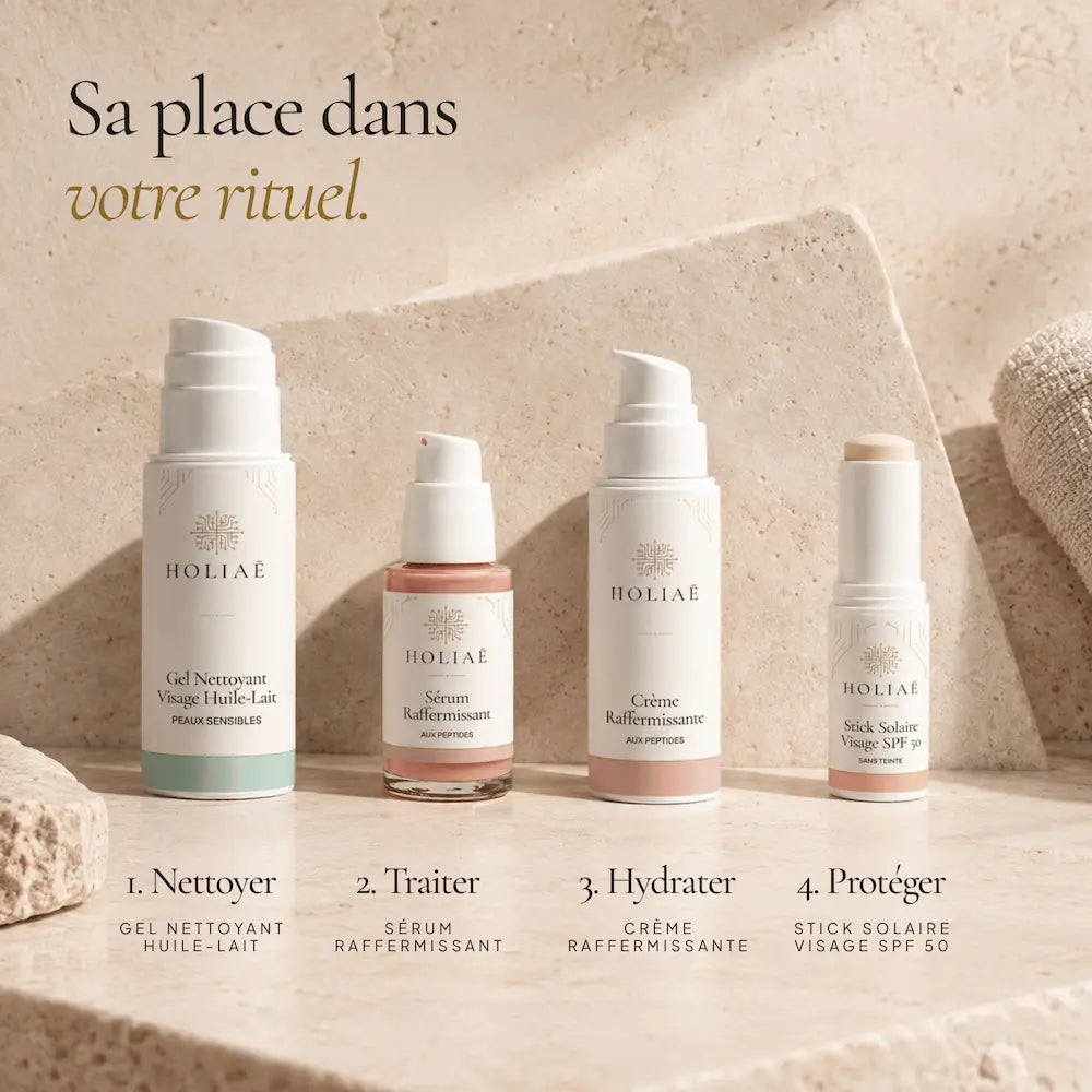Sérum Raffermissant aux Peptides HOLIAĒ présenté dans une routine visage avant la crème
