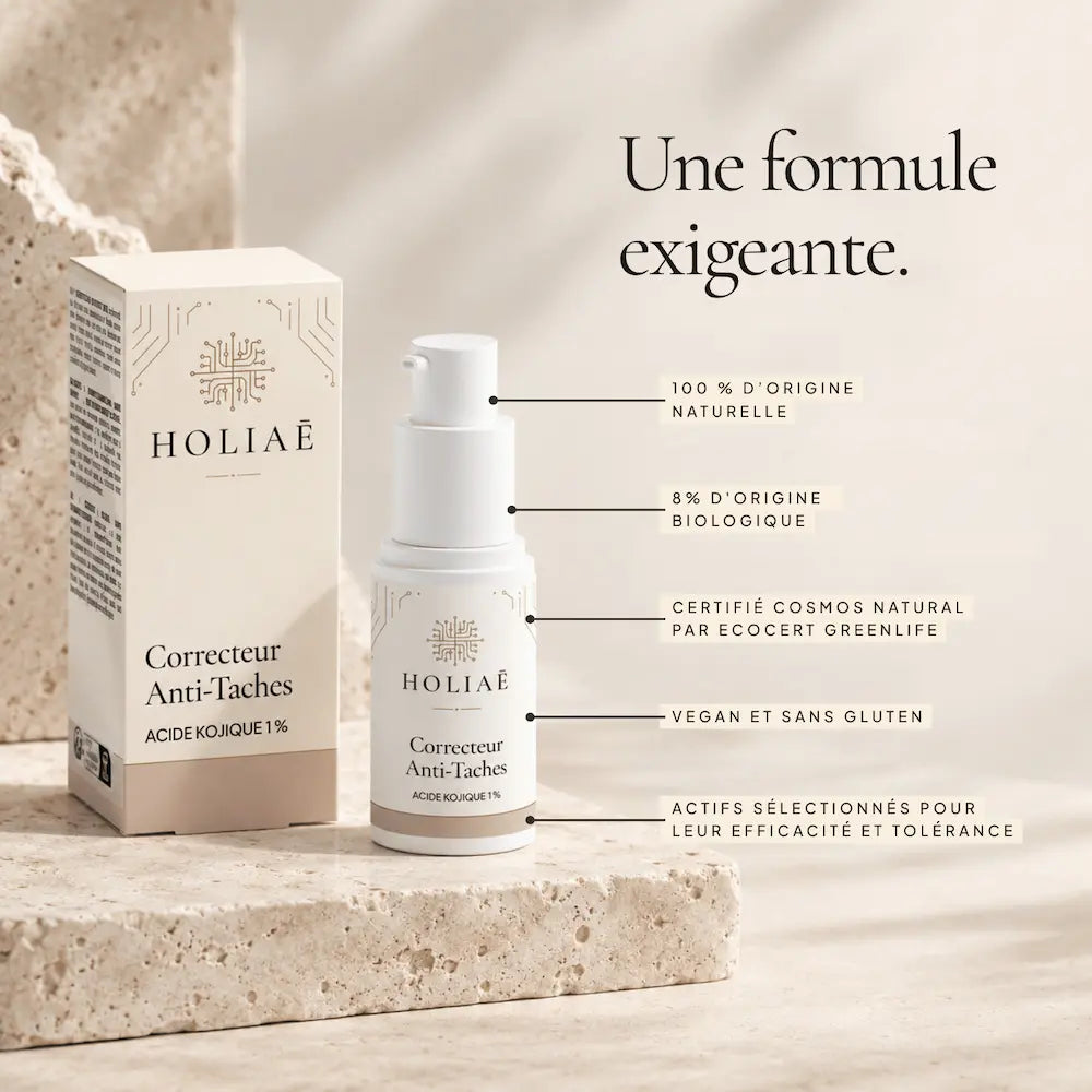Correcteur Anti-Taches à l’Acide Kojique 1 % HOLIAĒ et étui avec certification COSMOS NATURAL