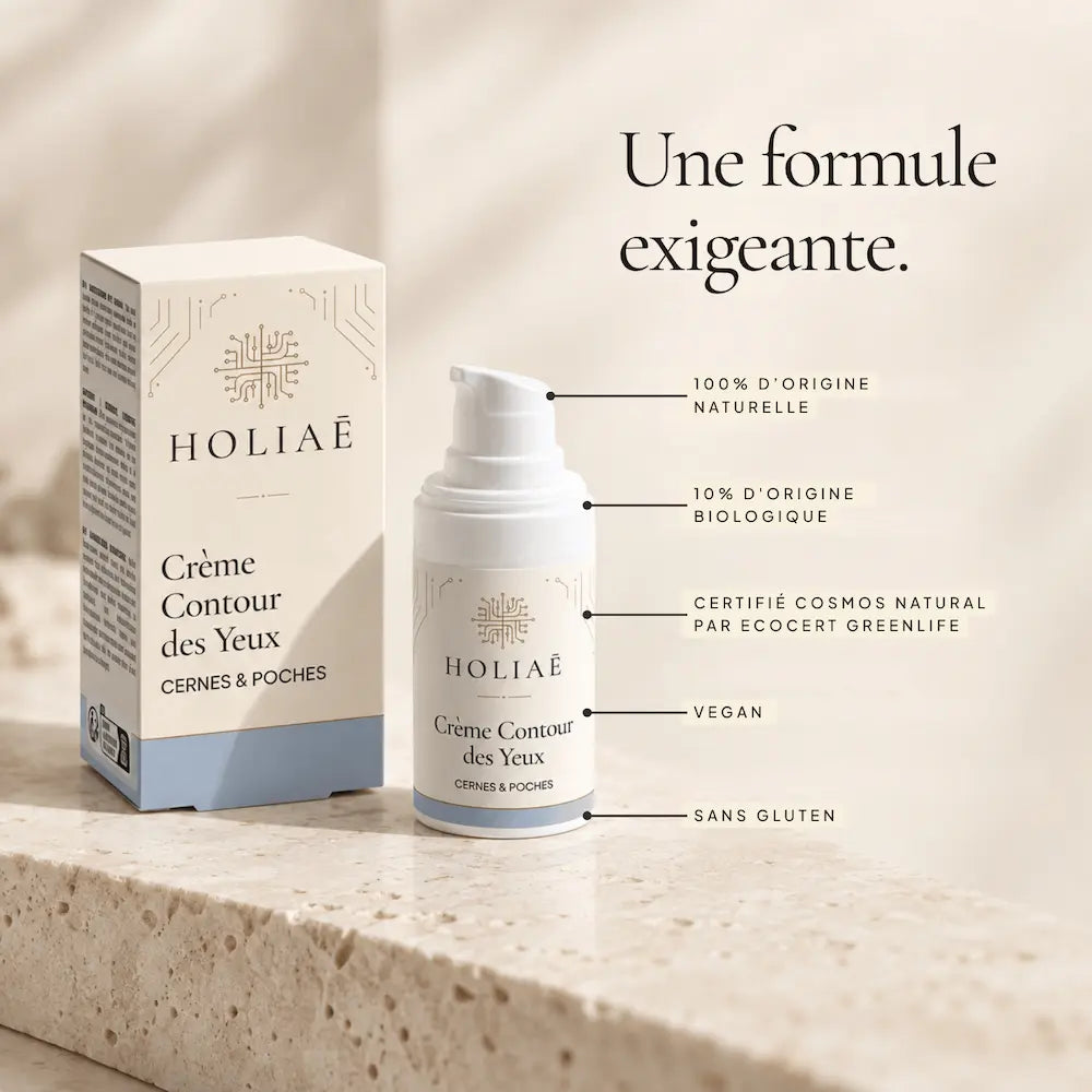 Crème Contour des Yeux Anti-Cernes & Poches HOLIAĒ et étui avec certification COSMOS NATURAL