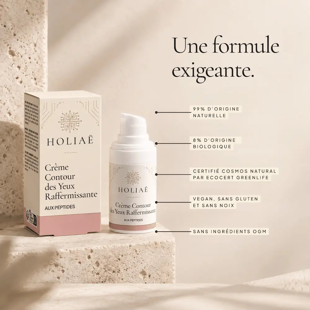 Crème Contour des Yeux aux Peptides HOLIAĒ et étui avec certification COSMOS NATURAL