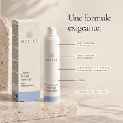 Crème de Jour Anti-Âge à l’Acide Hyaluronique HOLIAĒ et étui avec certification COSMOS NATURAL