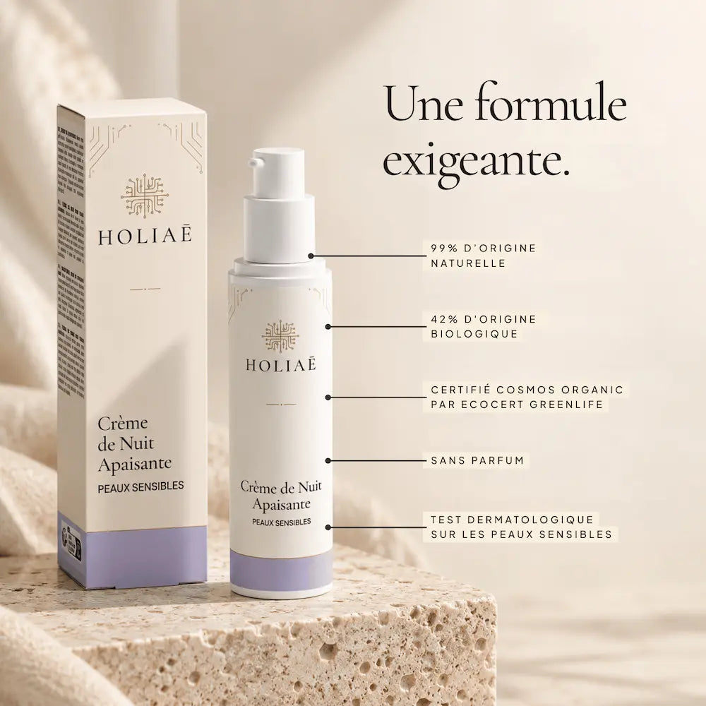 Crème de Nuit Apaisante Peaux Sensibles HOLIAĒ et étui avec certification COSMOS ORGANIC