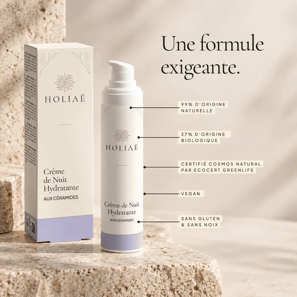 Crème de Nuit Visage aux Céramides HOLIAĒ et étui avec certification COSMOS NATURAL