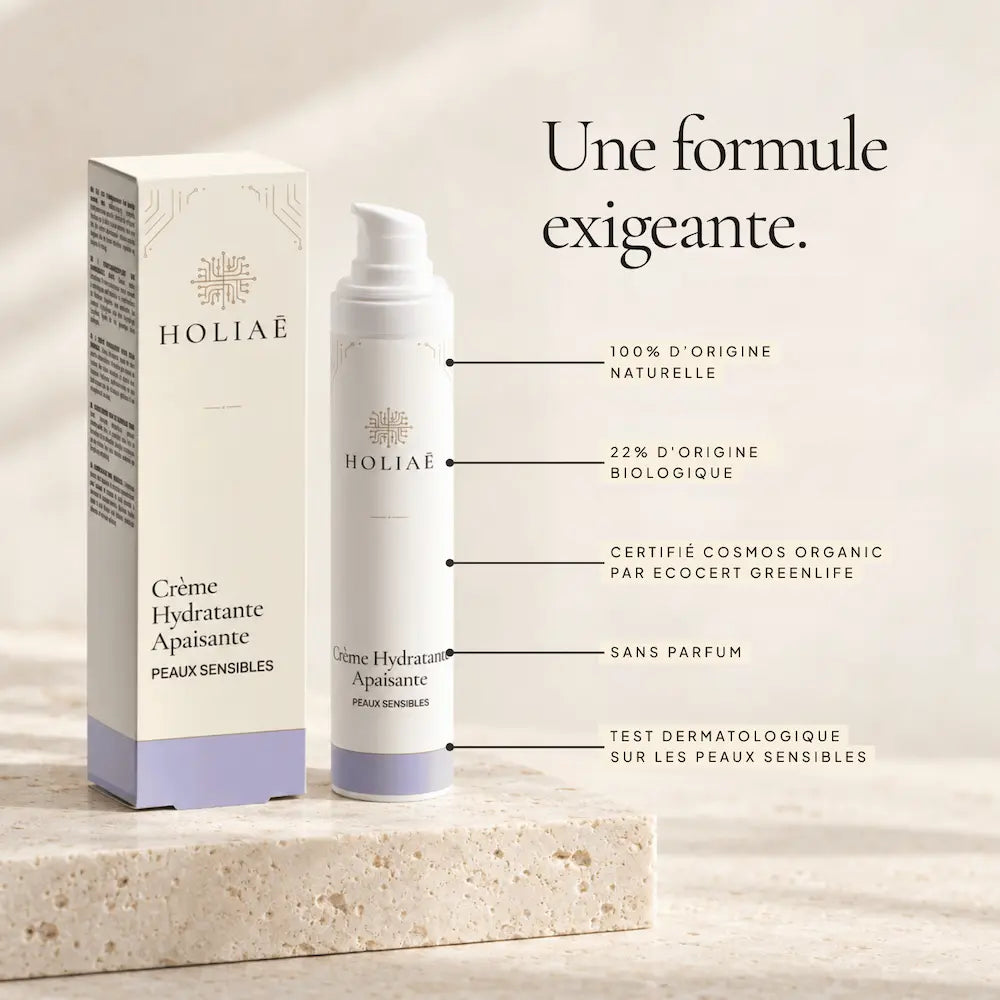 Crème Hydratante Apaisante Peaux Sensibles HOLIAĒ et étui avec certification COSMOS ORGANIC