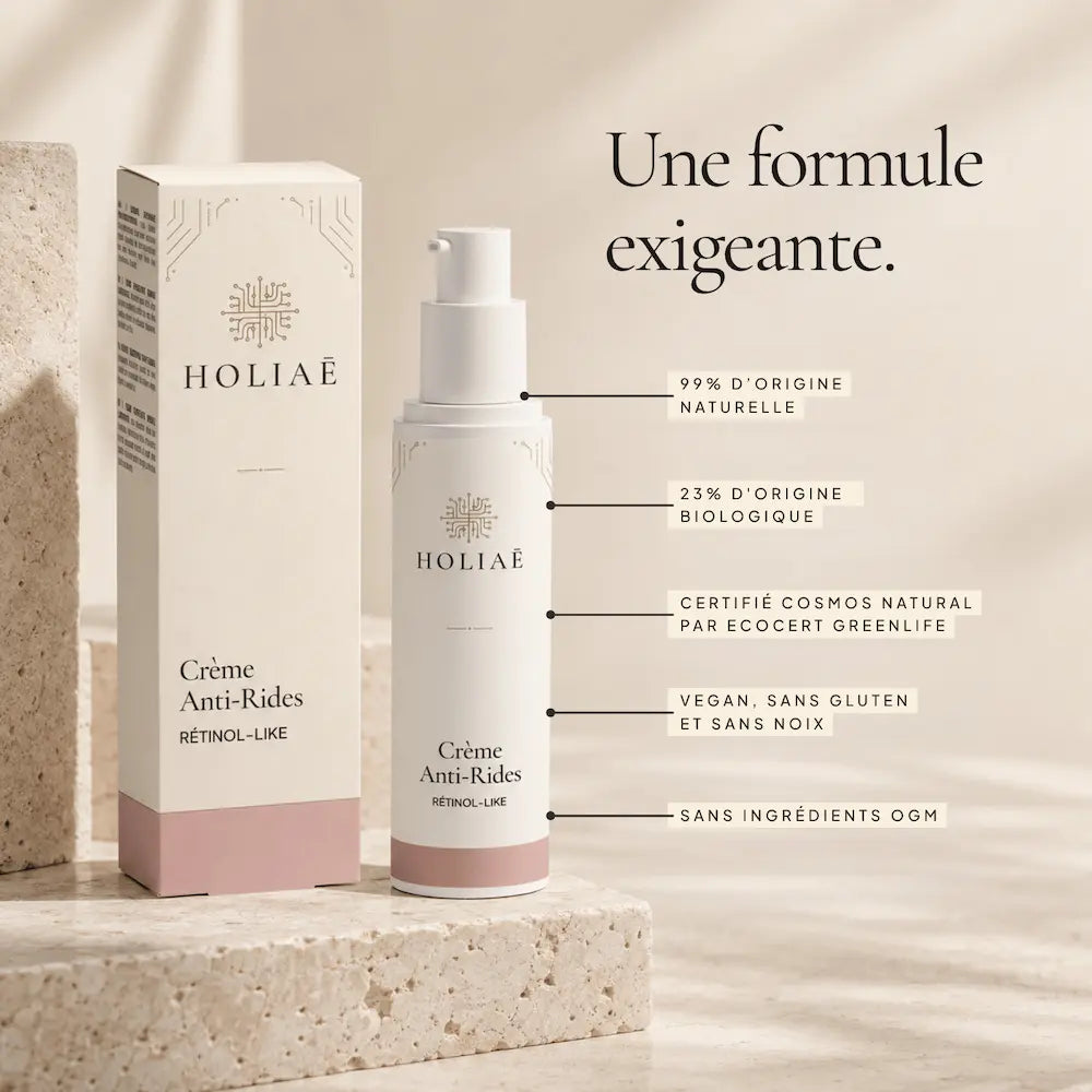 Crème Lissante Anti-Rides Rétinol-Like HOLIAĒ et étui avec certification COSMOS NATURAL