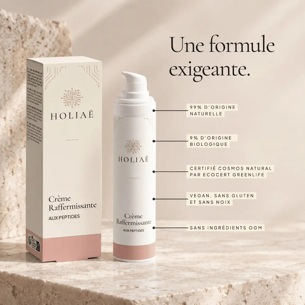 Crème Raffermissante aux Peptides HOLIAĒ et étui avec certification COSMOS NATURAL