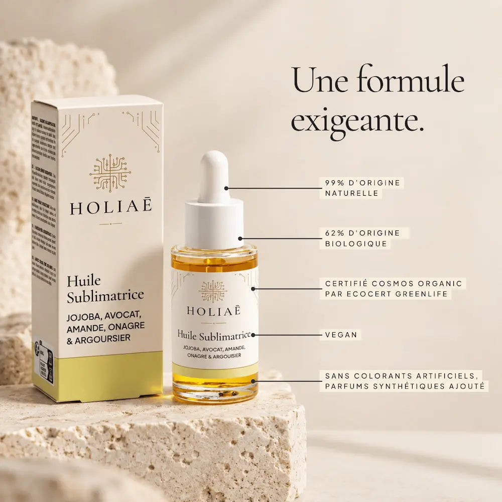 Huile Visage Hydratante & Sublimatrice HOLIAĒ avec certification COSMOS ORGANIC