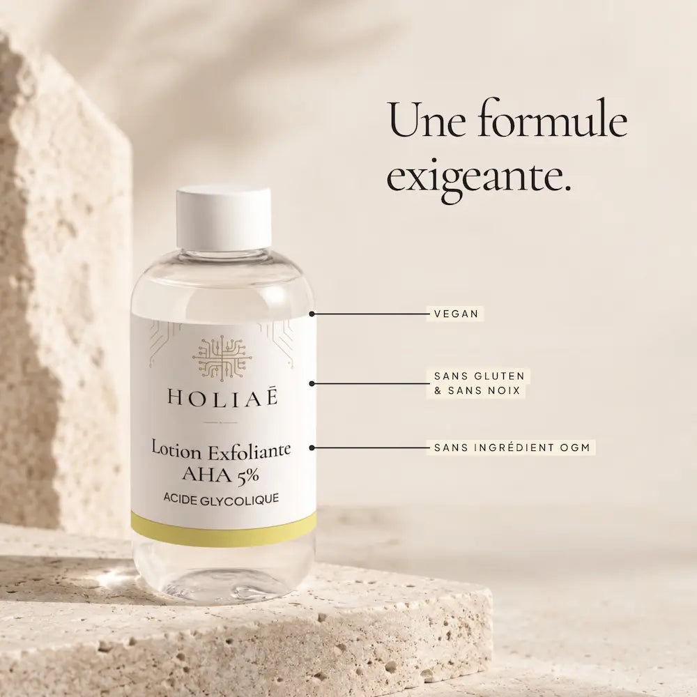 Lotion Exfoliante à l’Acide Glycolique AHA 5 % HOLIAĒ avec engagements vegan, sans gluten et sans noix