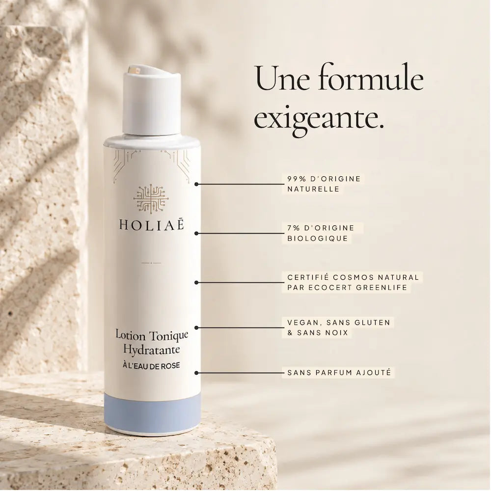 Lotion Tonique Hydratante à l’Eau de Rose HOLIAĒ avec certification COSMOS NATURAL