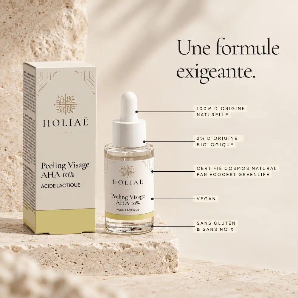 Peeling Visage AHA 10% à l’Acide Lactique HOLIAĒ avec certification COSMOS NATURAL