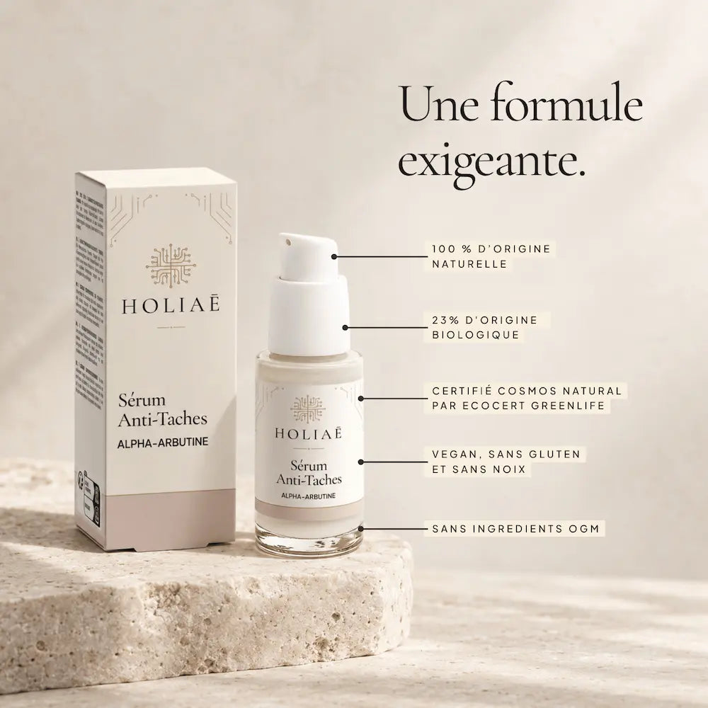 Sérum Anti-Taches à l’Alpha-Arbutine HOLIAĒ et étui avec certification COSMOS NATURAL