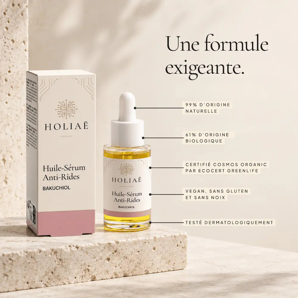 Sérum Bakuchiol Anti-Rides HOLIAĒ et étui avec certification COSMOS ORGANIC