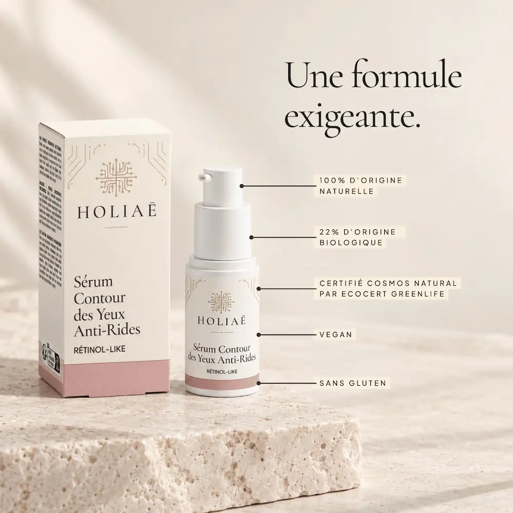 Sérum Contour des Yeux Anti-Rides Rétinol-Like HOLIAĒ et étui avec certification COSMOS NATURAL