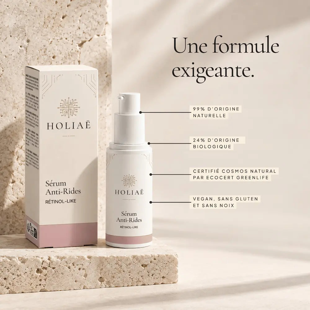 Sérum Lissant Anti-Rides Rétinol-Like HOLIAĒ et étui avec certification COSMOS NATURAL