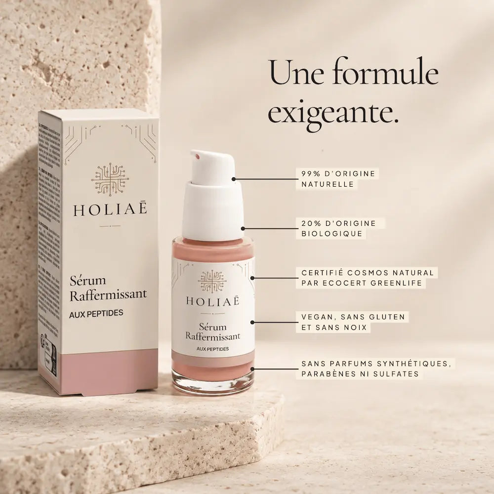 Sérum Raffermissant aux Peptides HOLIAĒ et étui avec certification COSMOS NATURAL